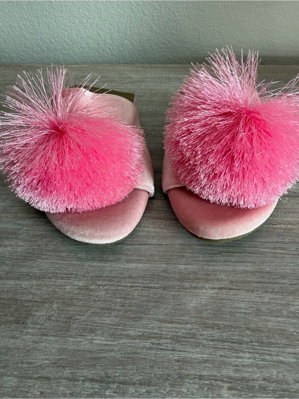 Rollasole Pink Pom Faux Velvet Open Toe Slides Slippers Shoes